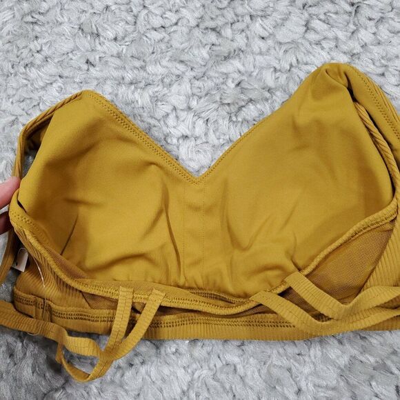 Aerie Offline Ribbed Plunge Sports Bra Yellow Brown Honey Goals Stretch Size XS - Picture 6 of 6